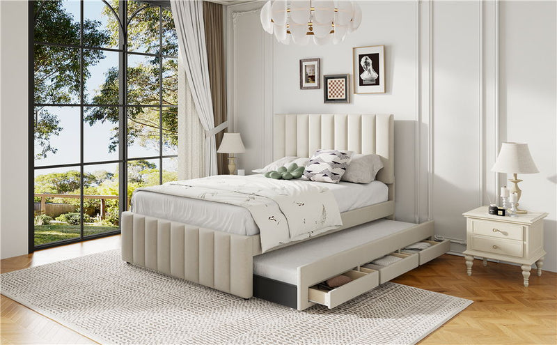 Upholstered Platform Bed With Twin Size Trundle And 3 Drawers