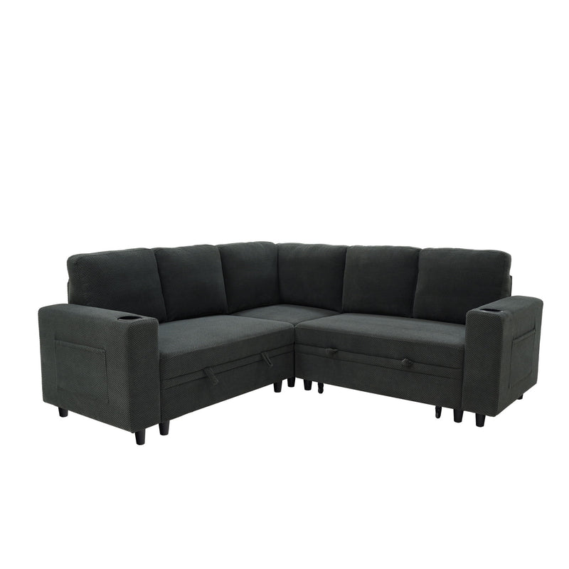 Upholstered L - Shape Sectional Sofa Bed With Pull Out Sleeper And Storage