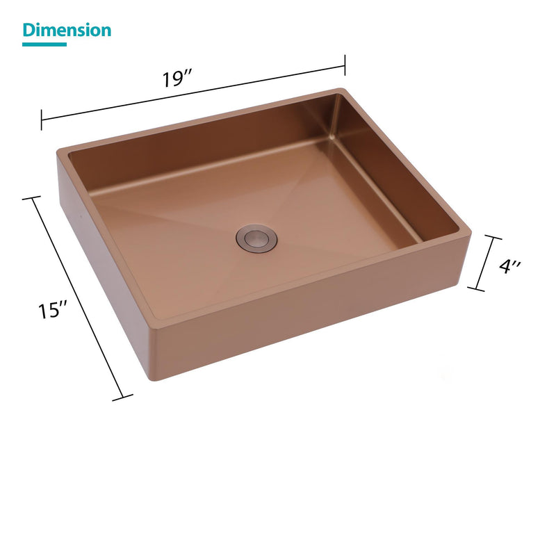 19" X 15" Stainless Steel Bathroom Sink With Pop Up Drain, Nano Surface - Rose Gold