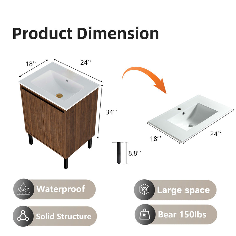Bathroom Vanity With Ceramic Sink, Floor-Standing Design, Soft-Closing Drawers