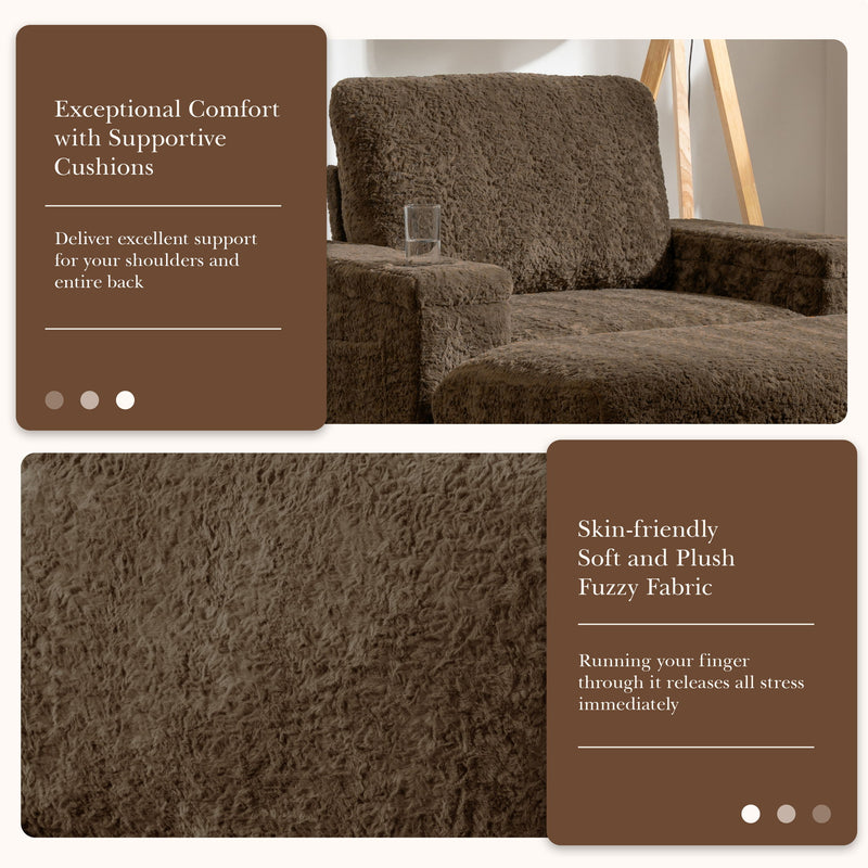 Oversized Chaise Lounge Indoor Rabbit Fur Sofa Bed With Storage Ottoman And Armrests Cup Holders With Deep Seat