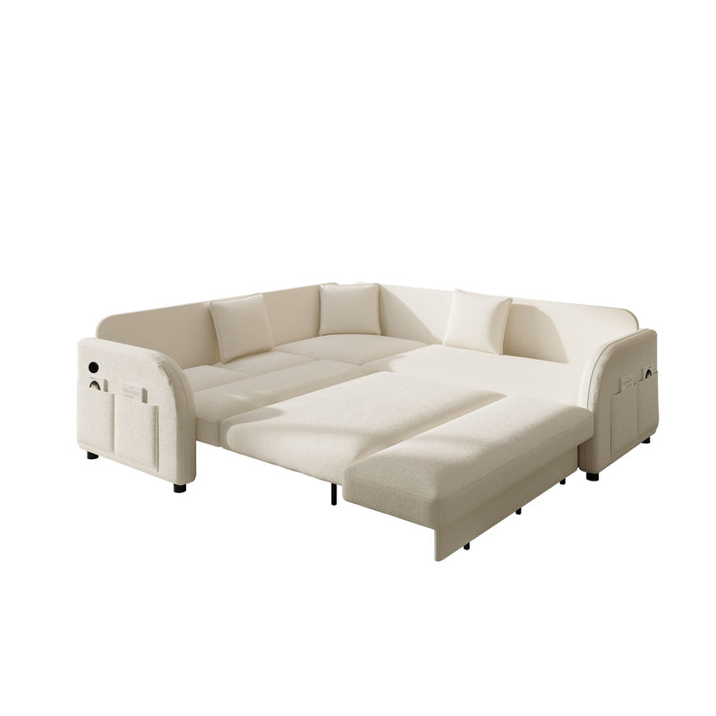 L-Shaped Couch With Pull-Out Bed, Oversize Convertible Sleeper Sofa With Side Pocket & USB Port