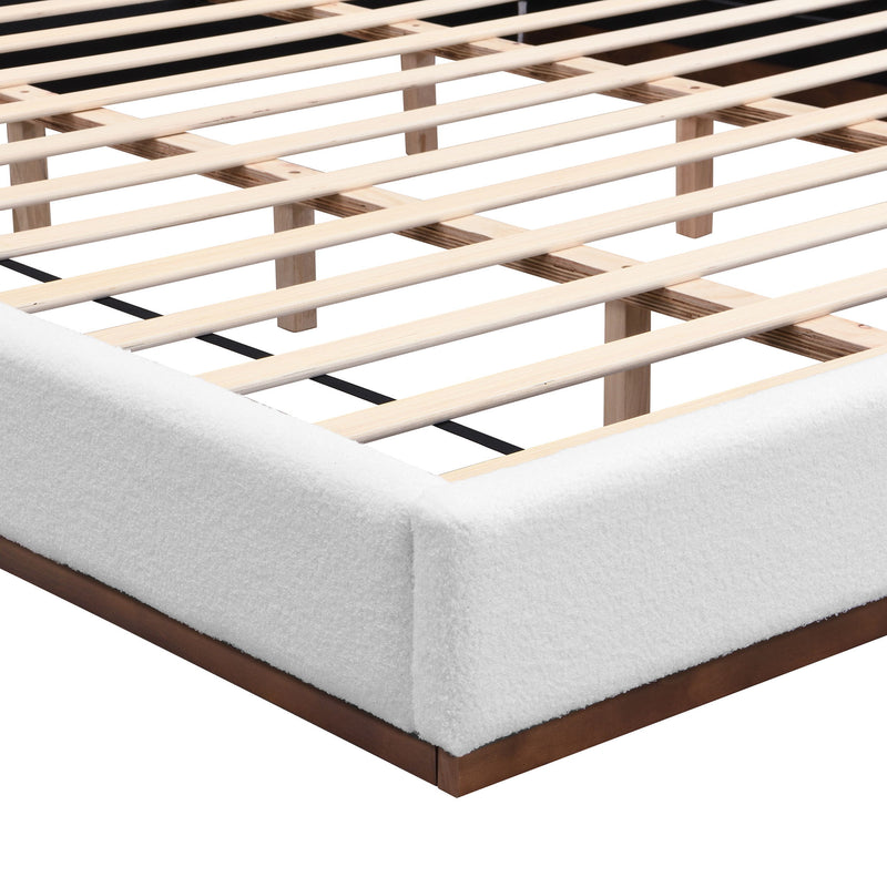 Elegant Boucle Upholstered Bed With Wood Grain Textured Solid Wood Base Frame