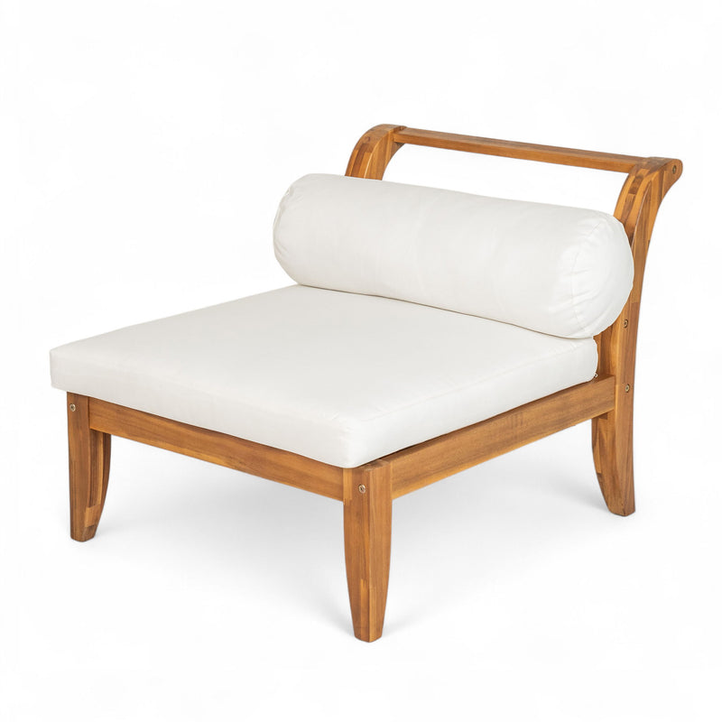 6 Piece Patio Sofa Set, Acacia Wood Outdoor Modular Sectional Garden Furniture Set L Shaped Conversation Set, Convertible Daybed With Tea Table, Ottoman, 5 Cushions And Pillows - Teak / Beige