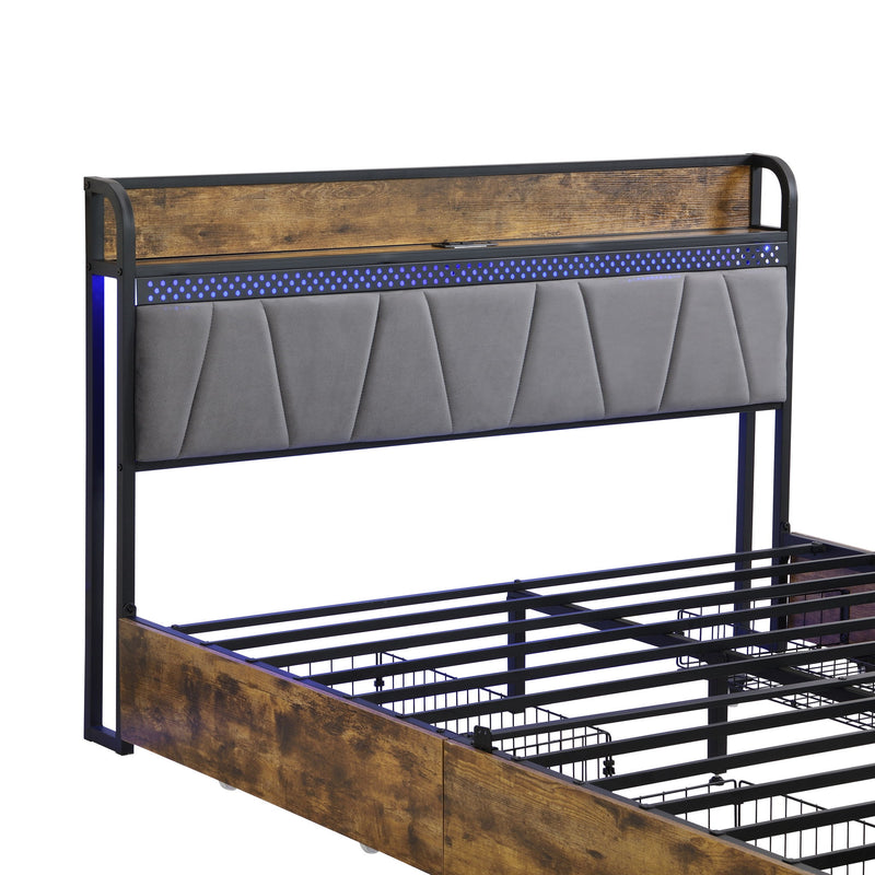 Contemporary Bed Frame With Storage Headboard, Charging Station, LED Lights
