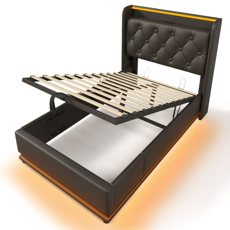 Upholstered Bed, 360 Surround LED Function, Remote Control, Hydraulic Storage Bed With USB, Type-C Charging (Without Mattress)