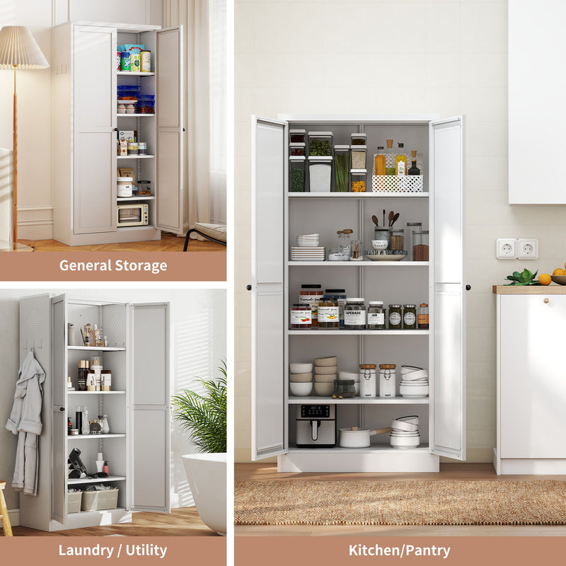 Metal Kitchen Pantry Cabinet With Adjustable Storage And 4 Heavy Duty Shelves - White