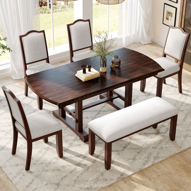 6 Piece Extendable Dining Table Set, Wood Table With Removable Leaf, 4 Upholstered Chairs And Bench - Cherry