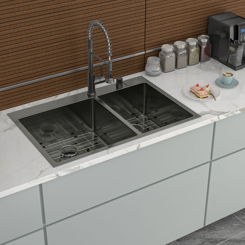 Double Bowl Kitchen Sink 16 Gauge 33" X 22" With 2 10" Deep Basins - Gunmetal Black