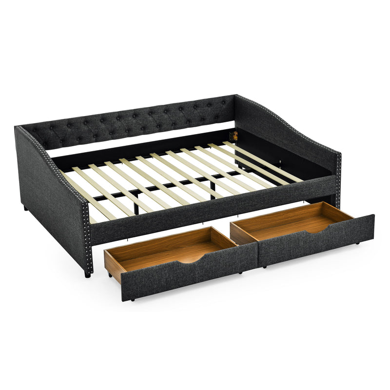 Upholstered Tufted Daybed With 2 Drawers, Waved Arms