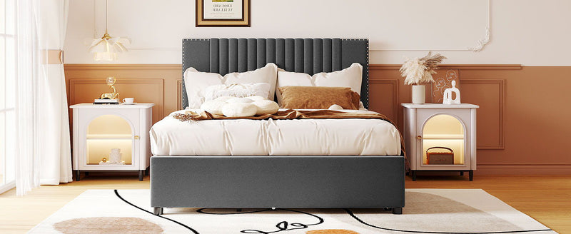 Upholstered Platform Bed With Drawers, Classic Headboard Design