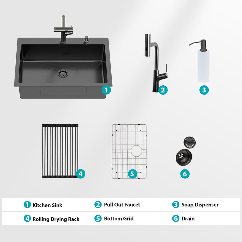 Drop-In Stainless Steel Kitchen Sink With Pull-Out Faucet And Soap Dispenser