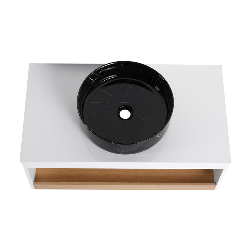 Floating Bathroom Vanity With Vessel Sink With Open Shelf Storage