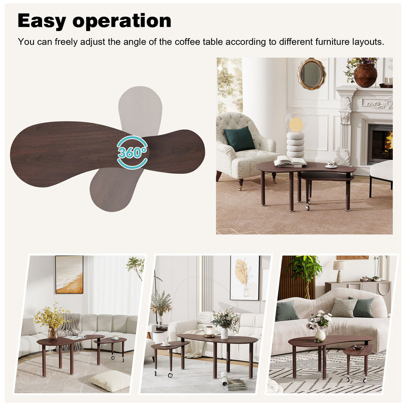 Rotatable Coffee Table With Solid Legs, 360 Degree Swivel, Waterproof - Walnut