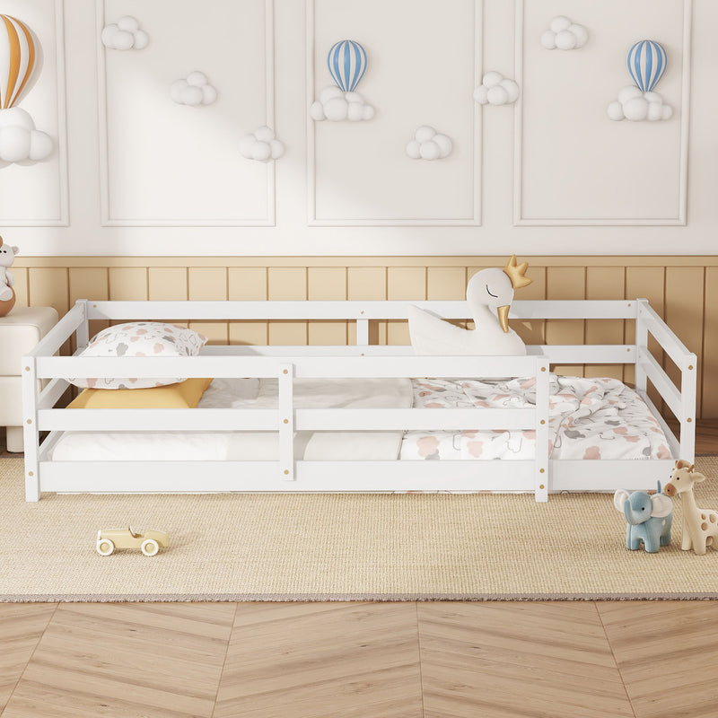 Twin Size Montessori Floor Bed With Fence - White