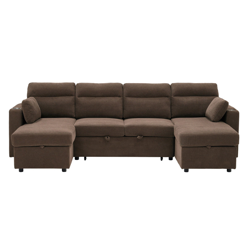 Convertible Sectional Sofa With Storage Chaise, Cup Holders And Pull Out Sleeper