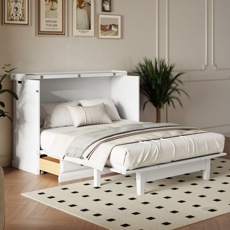 Full Solid Pine Murphy Bed Chest Cube Cabinet Bed With Charging Station And Large Storage Drawer For Home Office Or Small Room - White