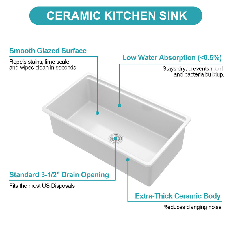 Undermount Workstation Single Bowl Porcelain Ceramic Kitchen Sink