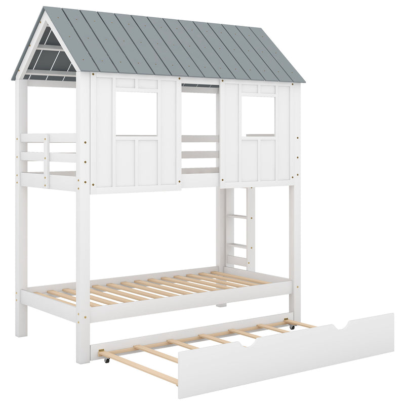 Twin Size House Bunk Bed With Trundle, Roof And Windows - White / Gray