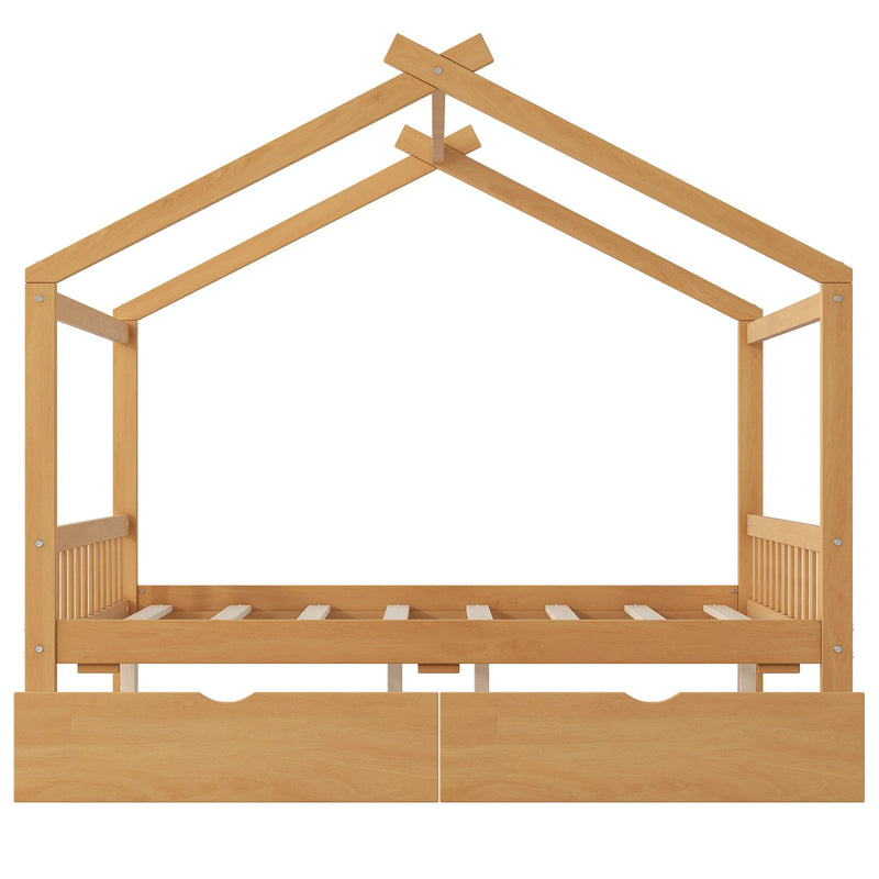 House Style Platform Bed With Headboard, Footboard, 2 Drawers, And Roof Design
