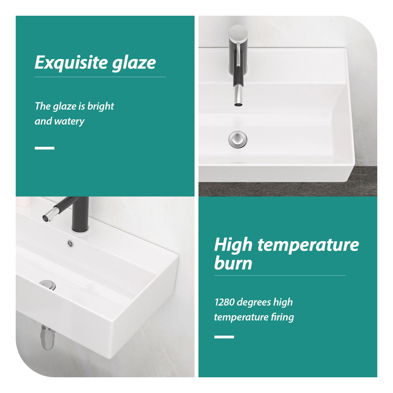 Modern Ceramic Rectangular Wall Mounted Bathroom Sink With Faucet Hole & Overflow