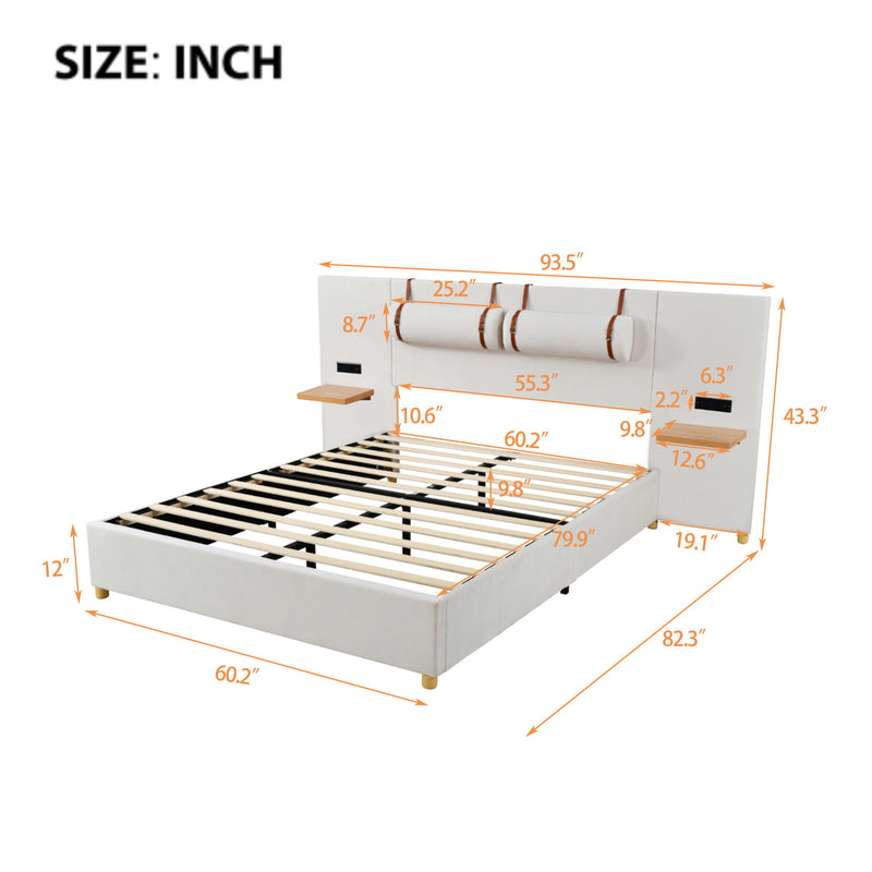 Upholstered Platform Bed, 2 Outlets And USB Charging Ports On Both Sides, 2 Bedside Pillows, Storage Shelves