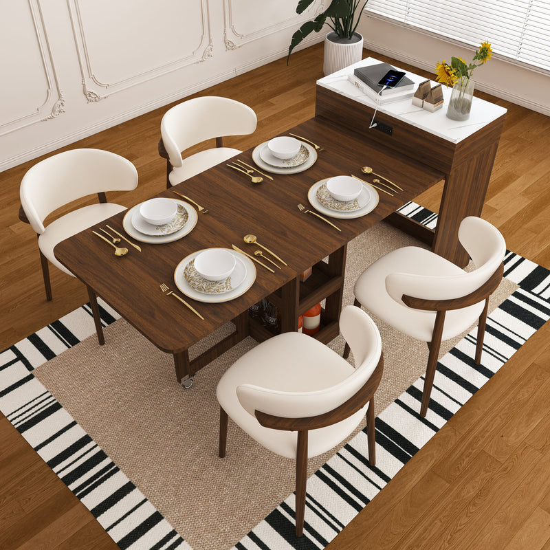 Extendable Dining Table With Power Socket, Lockable Casters, Storage Cabinet
