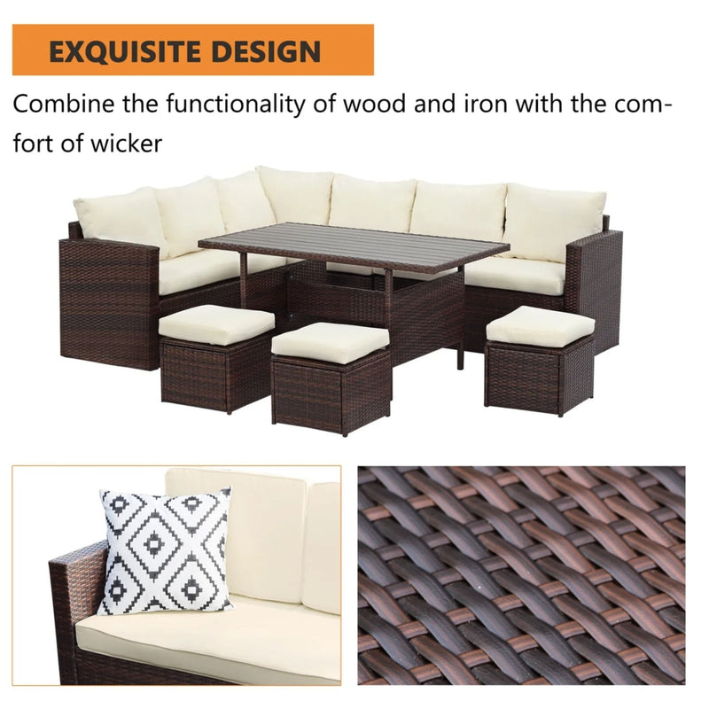 7 Piece Outdoor Dining Set With Cushions, Modular Sectional Sofa And Table