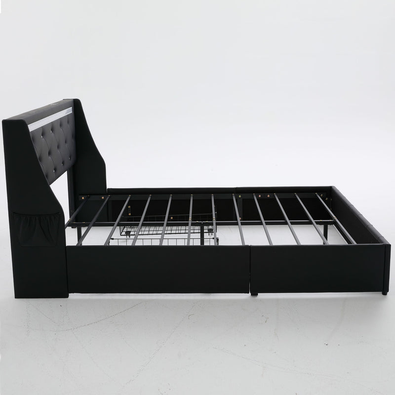 Wingback Upholstered Bed Frame With LED Lights, Charging Station