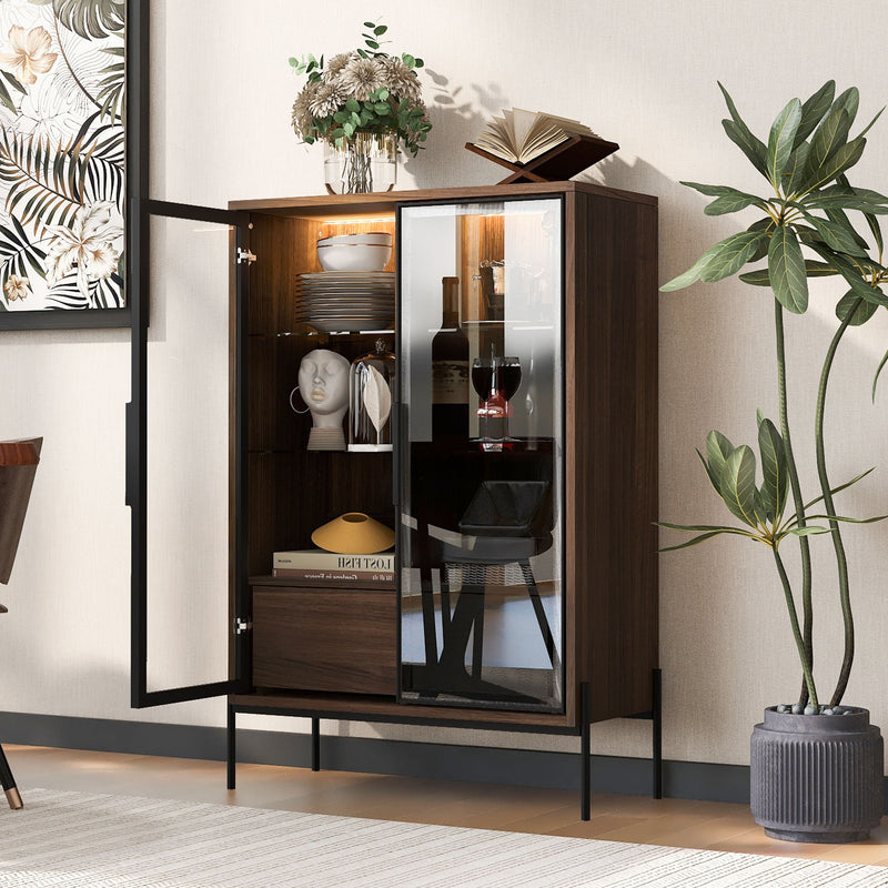 Modern Minimalist Style LED Curio Cabinet With Tempered Glass Door, Metal Legs