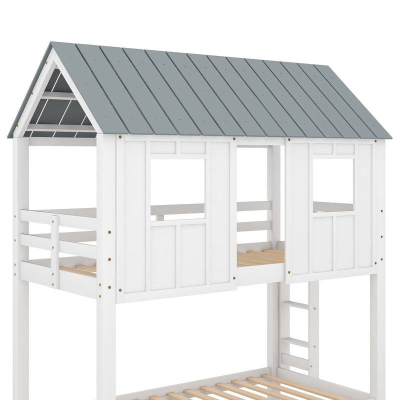 Twin Size House Bunk Bed With Trundle, Roof And Windows - White / Gray