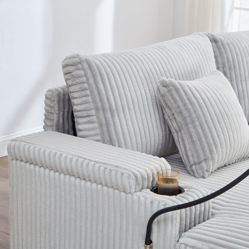 Chaise Sofa With Adjustable Backrest, Cup Holders, Phone Holder & Storage Compartments For Living Room - Light Gray