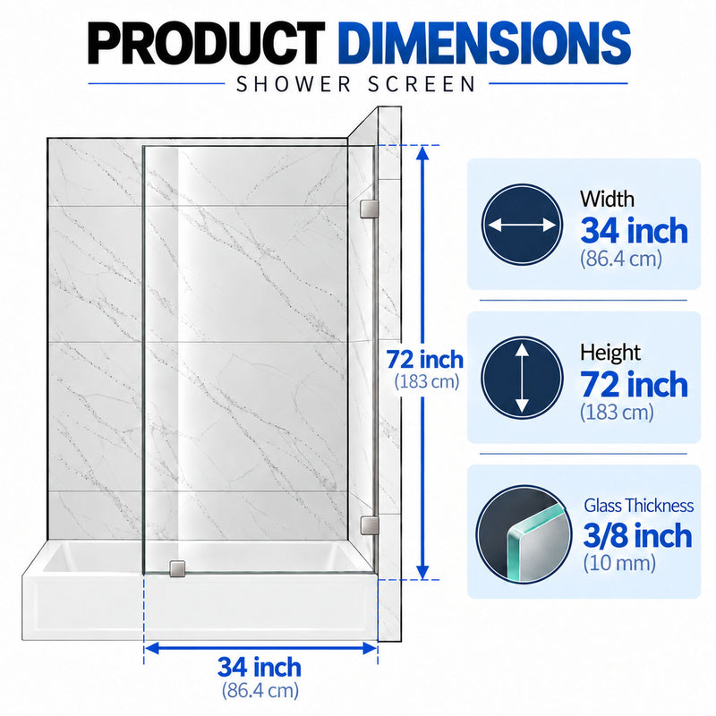 Frameless Bathtub Shower Screen, Reversible Installation
