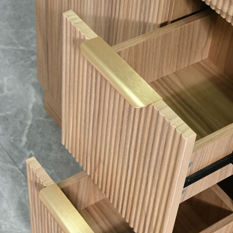 Bathroom Vanity With Sink, Freestanding Fluted Cabinet With 1 Door And 2 Drawers - Natural Walnut