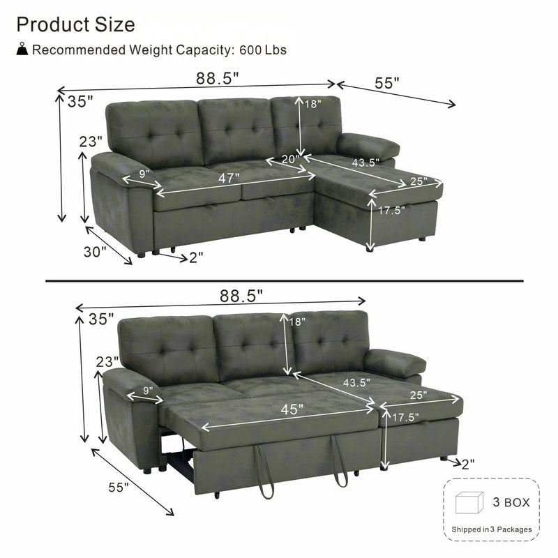 Convertible Sectional Sofa Bed With Pull Out Sleeper And Storage