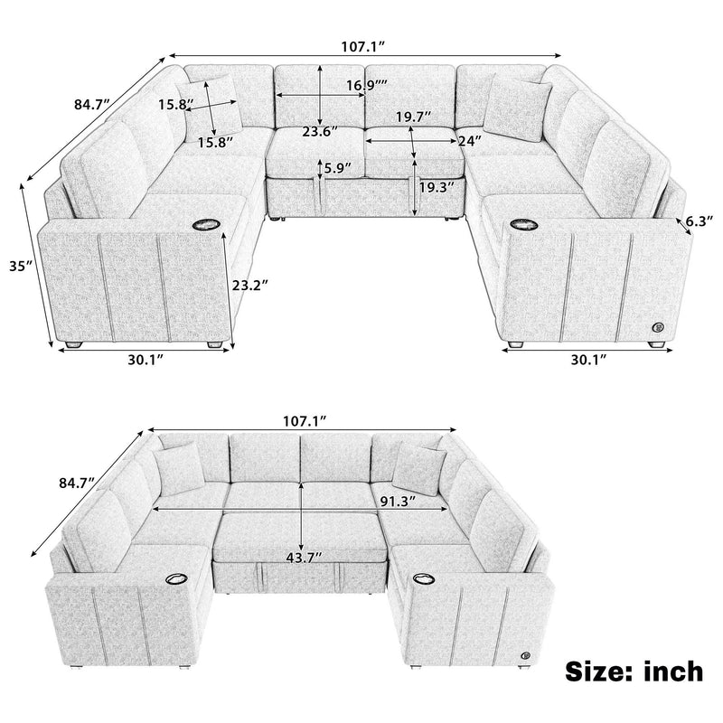 Convertible U-Shaped Sectional Sofa With Pull-Out Bed