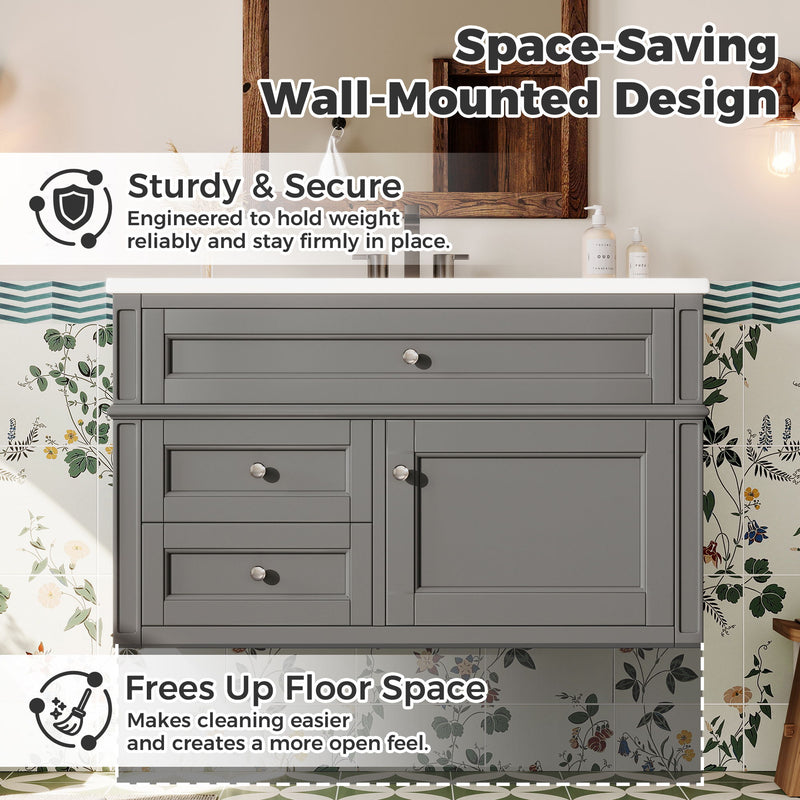 Modern Wall Mounted Floating Cabinet With Double Drawer And Sink
