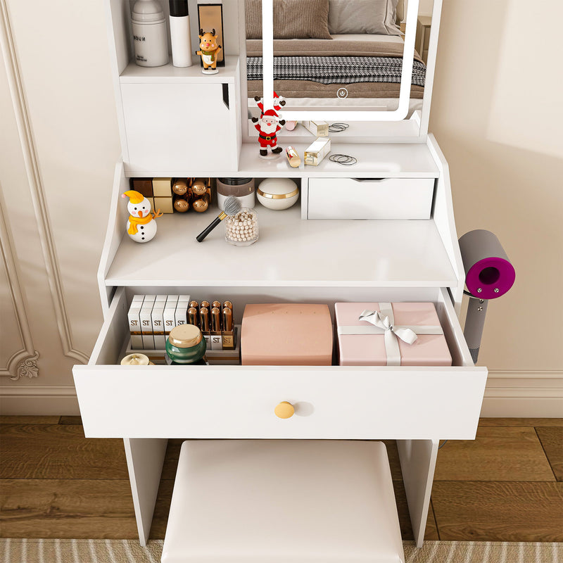 3 Color LED Vanity Mirror With Stool, 2 Drawers & 5 Storage Cabinets, Adjustable Lighting - White