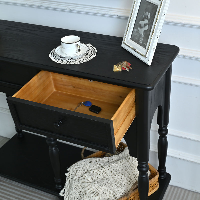 Accent Carved Console Table With Open Shelf And 2 Drawers For Living Room - Black
