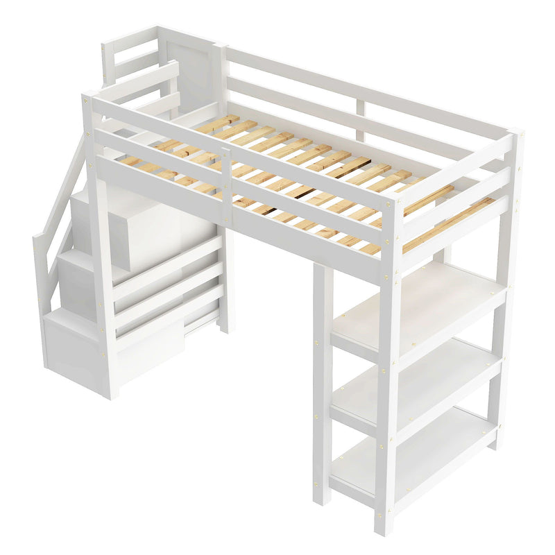 Loft Bed With 4 Layer Shelves, Storage Staircase, Small Wardrobe And LED Light
