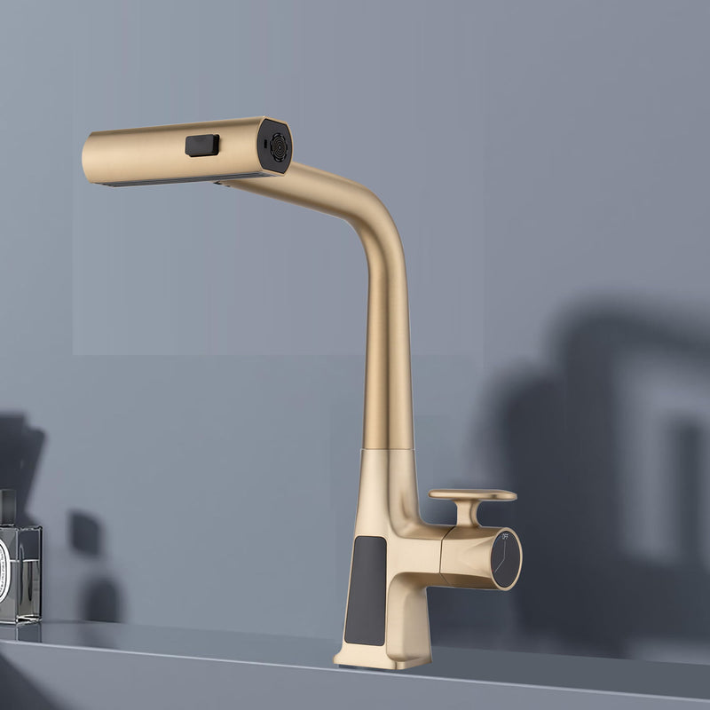 Waterfall Kitchen Faucet With Temperature Display And Pull Down Sprayer