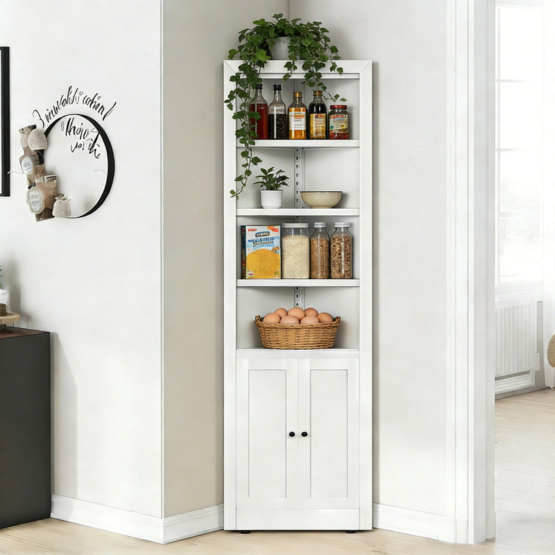 Tall Corner Storage Cabinet With 2 Doors, 5-Tier With Adjustable Shelve, Freestanding - White