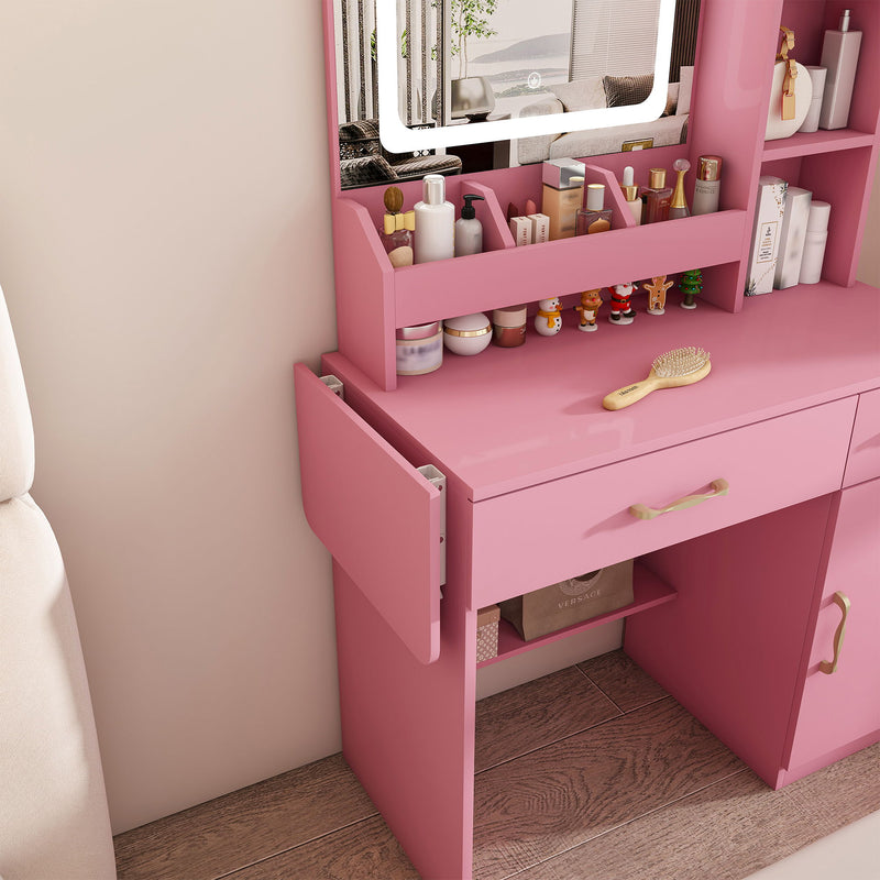 Vanity Desk With LED Mirror Lights And Charging Outlet