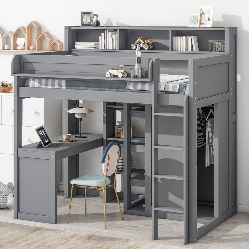 Loft Bed With Built In Desk, Storage Shelves, And Wardrobe