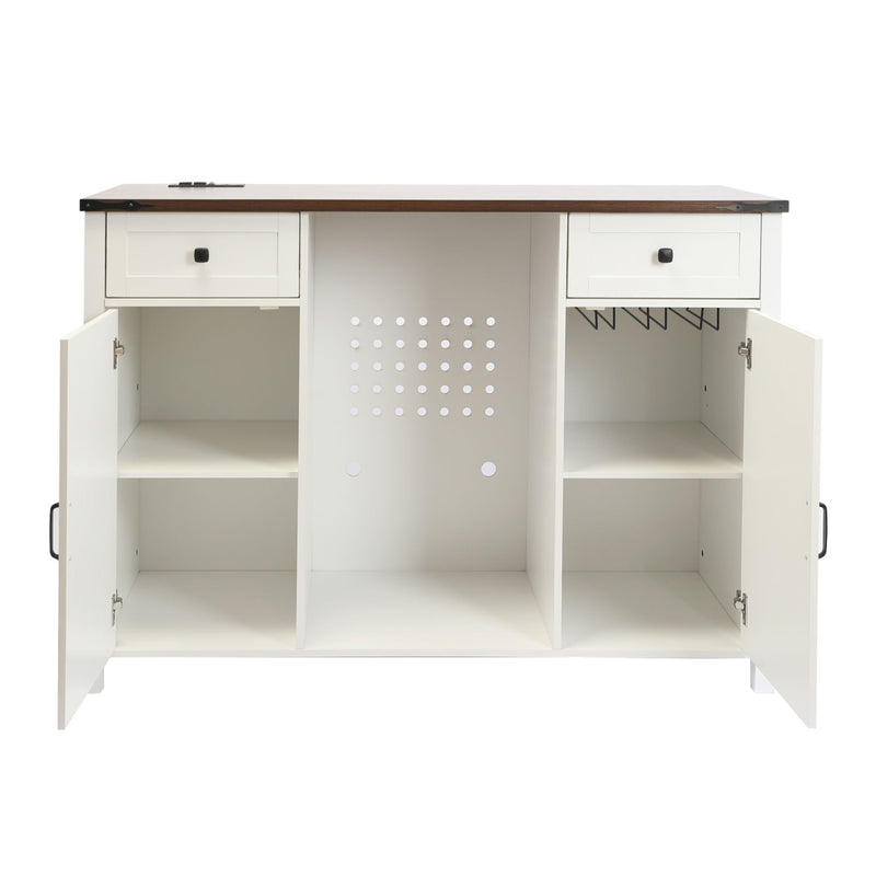 Coffee Bar With Mini Fridge Space & Built In Charging Station, Large Bar Cabinet With Drawers & Adjustable Shelves For Kitchen - White