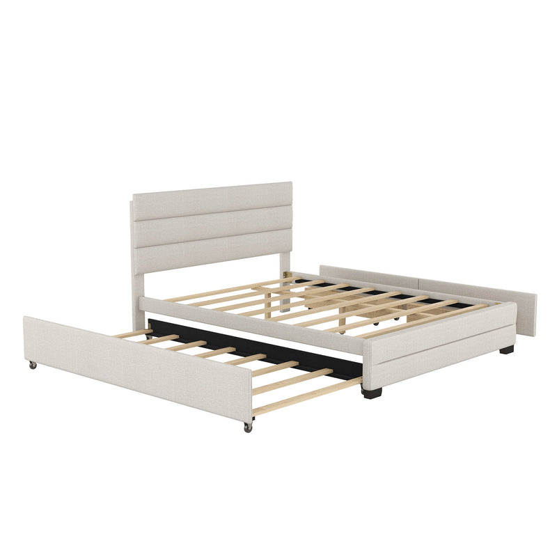 Queen Platform Bed With Twin Trundle And 2 Storage Drawers - Beige