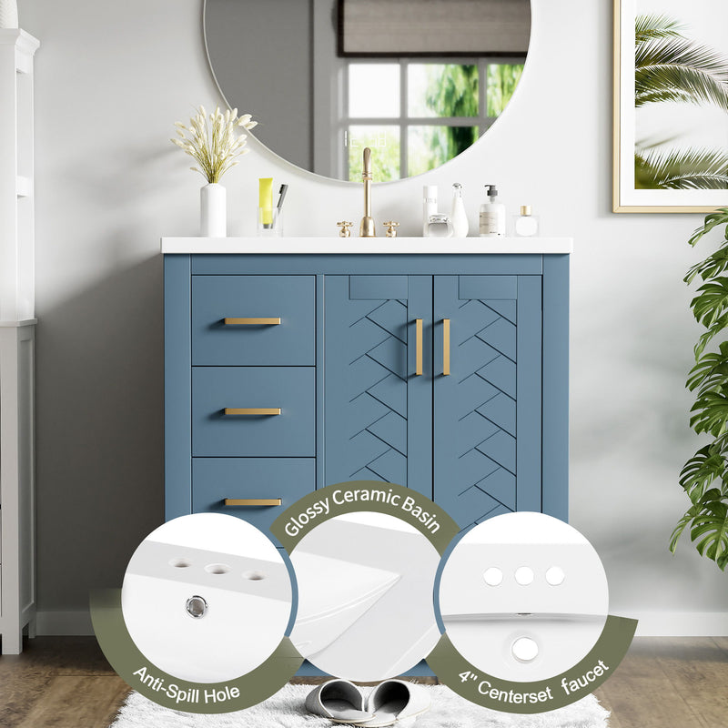 Ceramic Sink Combo, Freestanding Vanity Set With 3 Drawers & Soft Closing Doors
