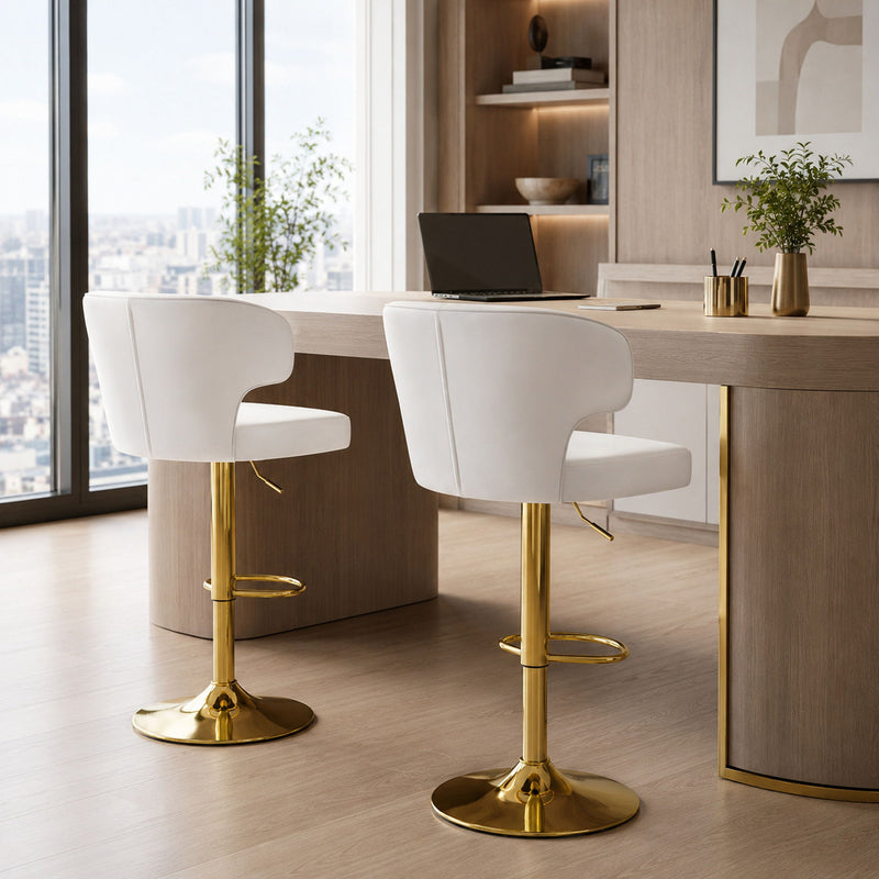 Adjustable Swivel Bar Chair With High Back Support For Kitchen Counter (Set of 2) - Gold / White