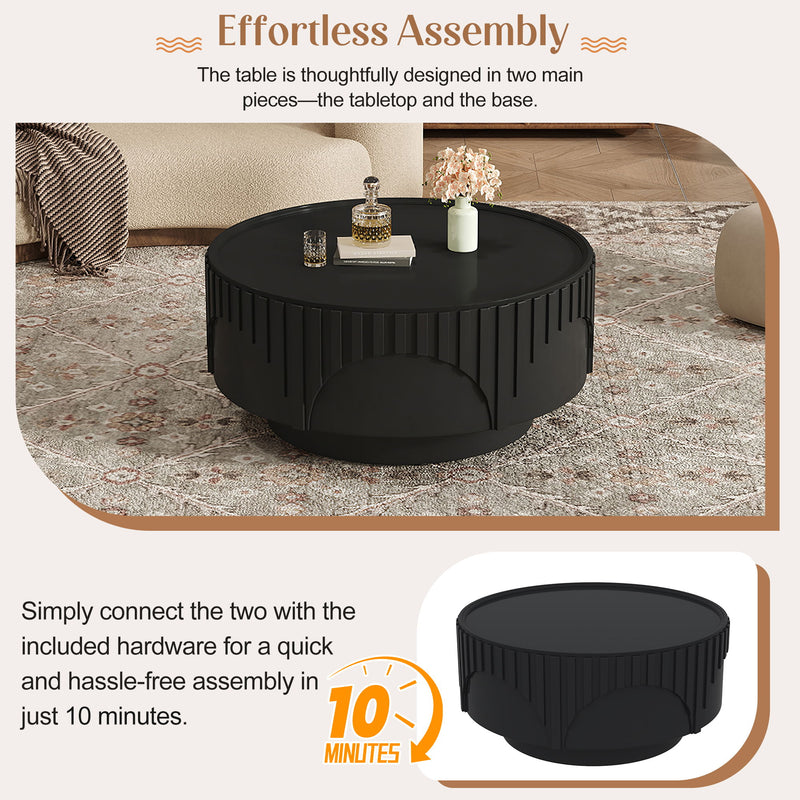 Round Fluted Drum Coffee Table With Sturdy Base For Living Room
