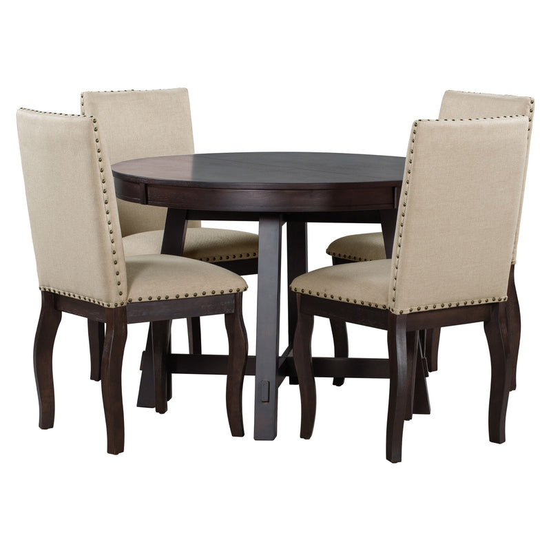 Round Extendable Dining Table Set With 4 Upholstered Chairs